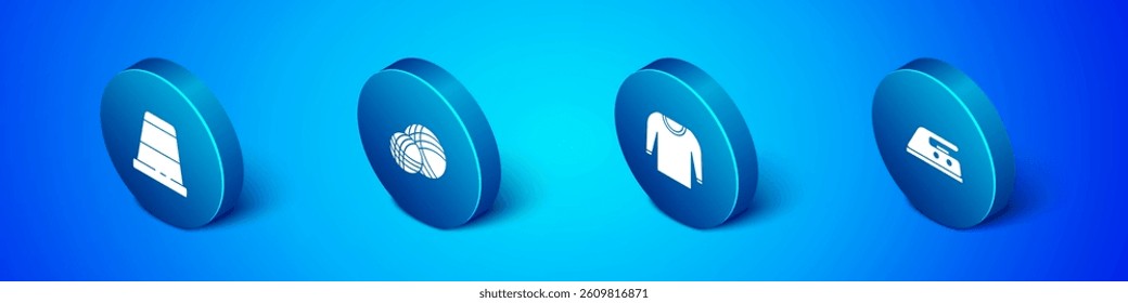 Set Isometric Thimble for sewing, Sweater, Electric iron and Yarn ball icon. Vector