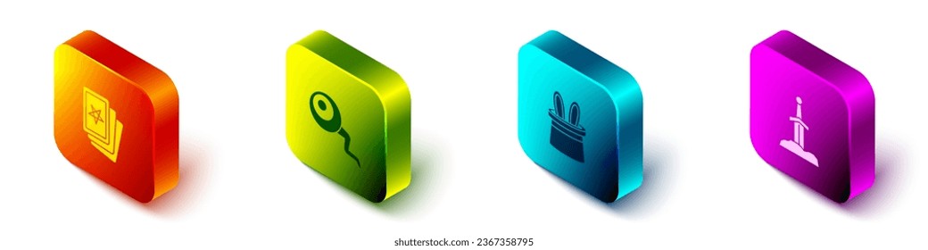 Set Isometric Three tarot cards, Eye, Magician hat and rabbit ears and Sword in the stone icon. Vector