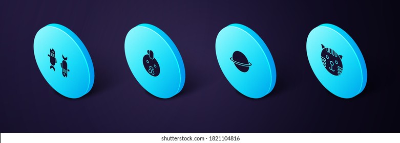 Set Isometric Tiger zodiac, Planet Saturn, Rooster and Pisces icon. Vector.