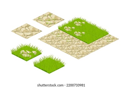 Set isometric tile lawn map elements grass, stones in cartoon style isolated on white background, constructor for app, ui. 