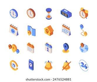 Set of isometric time management colorful icons. Symbols with clock, reminder notification, calendar and address. Planning and scheduling. 3D vector collection isolated on white background