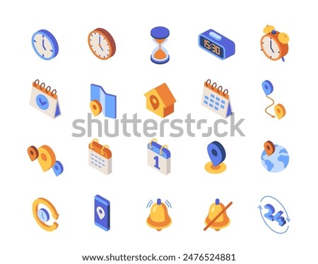 Set of isometric time management colorful icons. Symbols with clock, reminder notification, calendar and address. Planning and scheduling. 3D vector collection isolated on white background