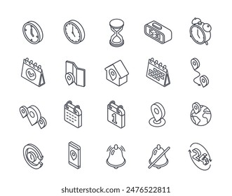 Set of isometric time management line icons. Simple signs with calendar for planning, location pin, clock and reminder. Editable stroke. Outline 3D vector collection isolated on white background