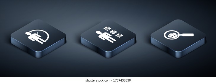 Set Isometric Time Management, Magnifying glass for search a people and User of man in business suit icon. Vector