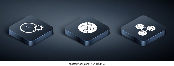 Set Isometric Time Management, Project team base and Piece of puzzle icon. Vector