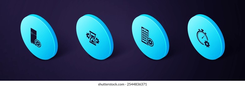 Set Isometric Time management setting, Mobile Apps, Hourglass and Refrigerator icon. Vector