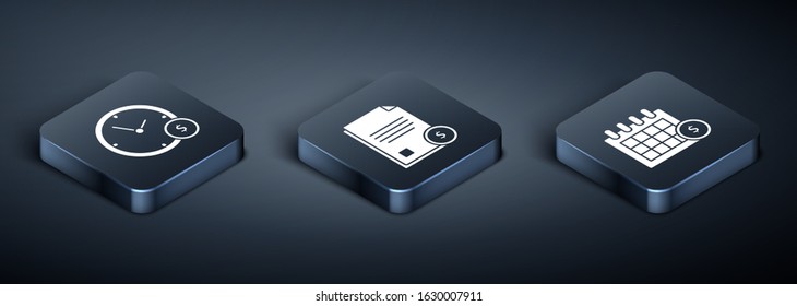 Set Isometric Time is money, Financial calendar and Finance document icon. Vector