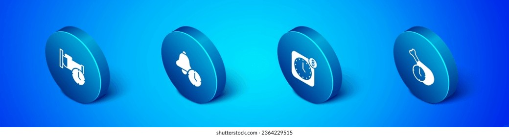 Establezca Tiempo Isometric para dormir, Aplicación de reloj de alarma móvil, Tiempo de comida e icono. Vector