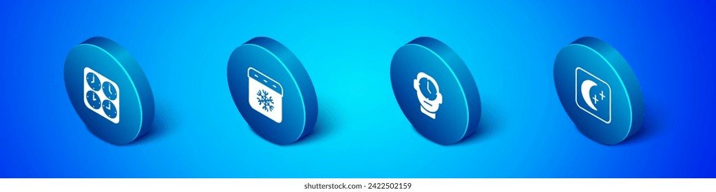 Set Isometric Time zone clocks, Clock, Moon and stars and Calendar winter icon. Vector