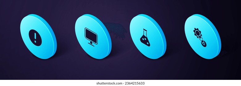 Set Isometric Timing belt kit, Test tube, Computer monitor and Speech bubble and Exclamation icon. Vector