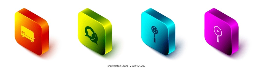 Set Isometric Toaster, Chef hat in speech bubble, Spatula and Frying pan icon. Vector