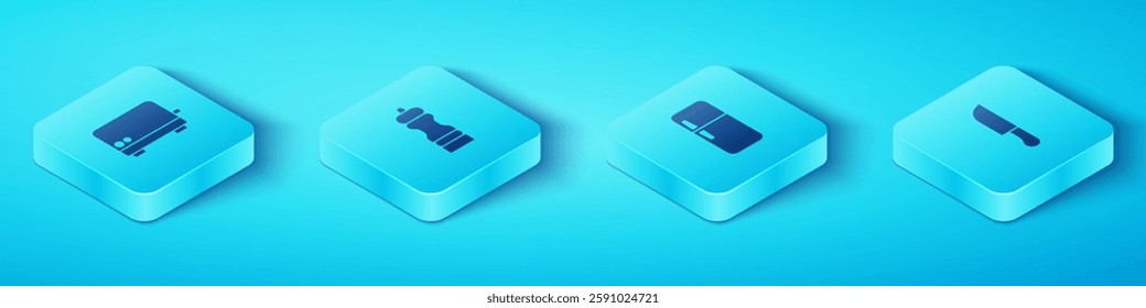 Set Isometric Toaster, Pepper, Knife and Refrigerator icon. Vector