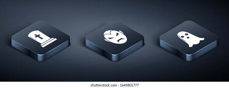 Isometrischer Tombstone mit Kreuz , Ghost und Vampire Symbol. Vektorillustration