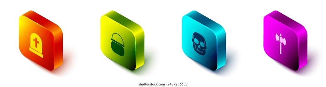 Set Isometric Tombstone with cross, Halloween witch cauldron, Skull and Wooden axe icon. Vector