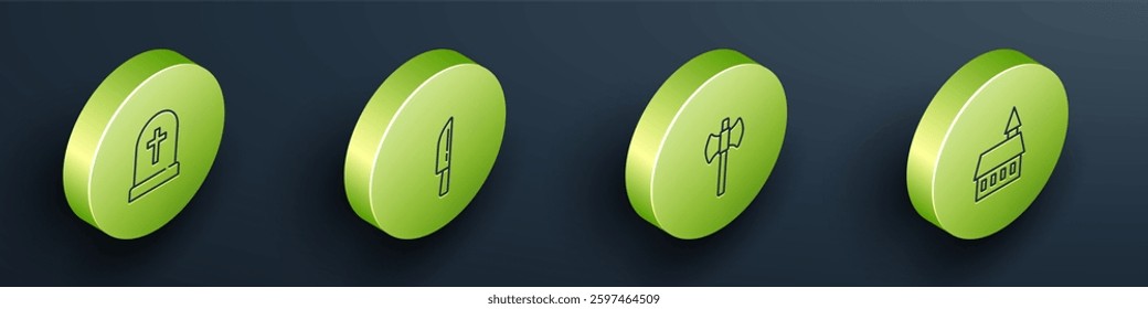 Set Isometric Tombstone with cross, Knife, Wooden axe and Castle icon. Vector