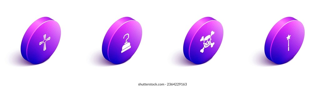 Set Isometric Tombstone with cross, Pirate hook, Skull crossbones and Magic wand icon. Vector