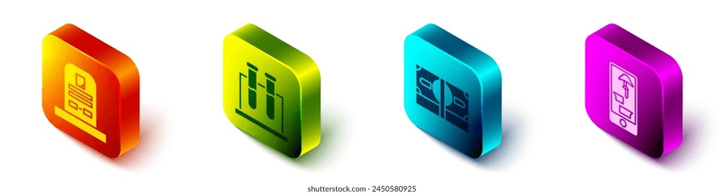 Set Lápida Isométrica con RIP escrito, Tubo de prueba y frasco, Apila dinero en efectivo de papel y comprar drogas en línea en el icono del teléfono. Vector