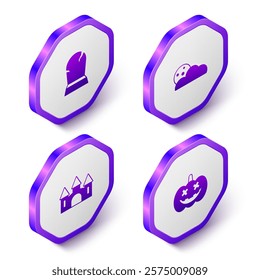 Set Isometric Tombstone with RIP written, Moon and stars, Castle and Pumpkin icon. Purple hexagon button. Vector