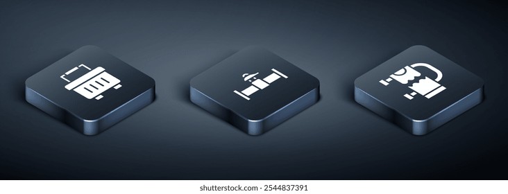 Conjunto de herramientas isométricas, riel de toalla calentado e icono de tubería y válvula de la industria. Vector