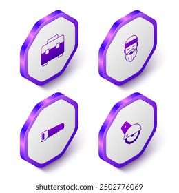 Set Isometric Toolbox, Lumberjack, Hand saw and Electric circular icon. Purple hexagon button. Vector