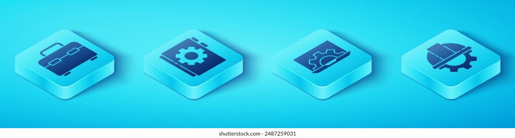 Set Isometric Toolbox, User manual, Worker safety helmet and gear and Laptop and gear icon. Vector