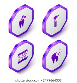 Set Isometric Tooth with caries and drill, Dentures model and  icon. Purple hexagon button. Vector