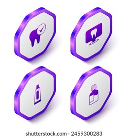 Set Isometric Tooth, Dental clinic location, Tube of toothpaste and Mouthwash icon. Purple hexagon button. Vector