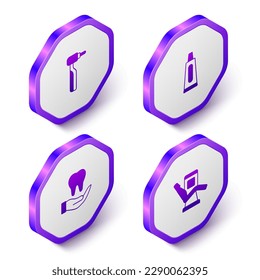 Set Isometric Tooth drill, Tube of toothpaste,  and Medical dental chair icon. Purple hexagon button. Vector