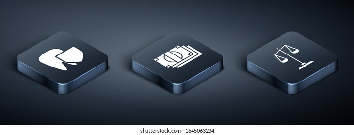 Coloque dientes isométricos con escudo, Escalas de justicia y Pila de dinero en efectivo icono. Vector