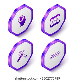 Set Isometric Toothache, Dentures model, Dental mirror and probe and Teeth with braces icon. Purple hexagon button. Vector