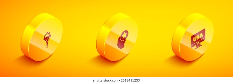 Set Isometric Torch flame, USA Head and on monitor icon. Vector