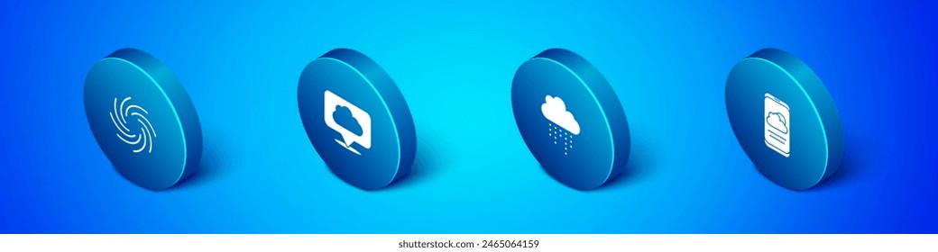 Set Isometric Tornado, Cloud with rain, Weather forecast and Location cloud icon. Vector
