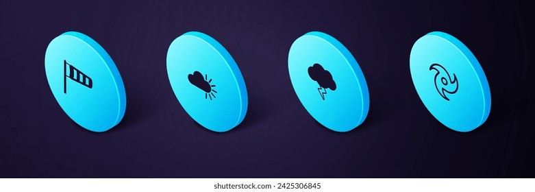 Set Isometric Tornado, Storm, Cloudy and Cone meteorology windsock wind vane icon. Vector