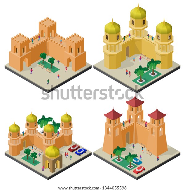 Set of isometric tourist\
attractions with fortress wall, towers, buildings and\
people.