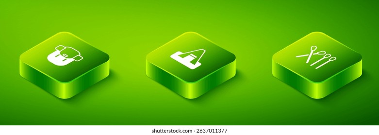 Set Isometric Tourist tent, Match stick and Hiking backpack icon. Vector
