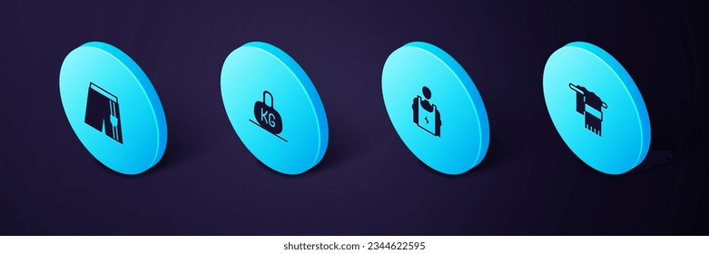 Set Isometric Towel on hanger, Bodybuilder, Weight and Short or pants icon. Vector