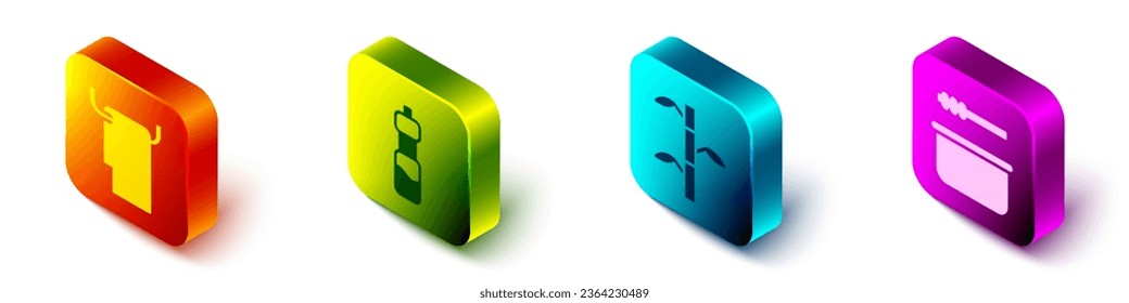 Set Isometric Towel on a hanger, Bottle of water, Bamboo stems with leaves and Sauna bucket and ladle icon. Vector