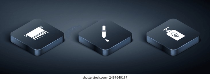 Set Isometric Handtuch auf Kleiderbügel, Essential Ölflasche und Pipette Symbol. Vektorgrafik
