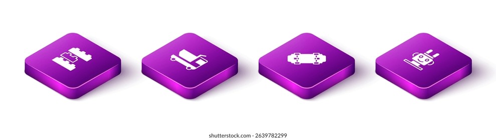 Set Isometric Toy building block bricks, truck, Skateboard and Robot toy icon. Vector