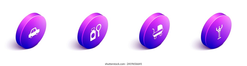 Coloque el coche de juguete isométrico, el frasco de burbujas de jabón, el coche de bebé y el icono de juguete de torta. Vector