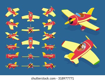 Set of the isometric toy planes. The objects are isolated against the dark-blue background and shown from different sides