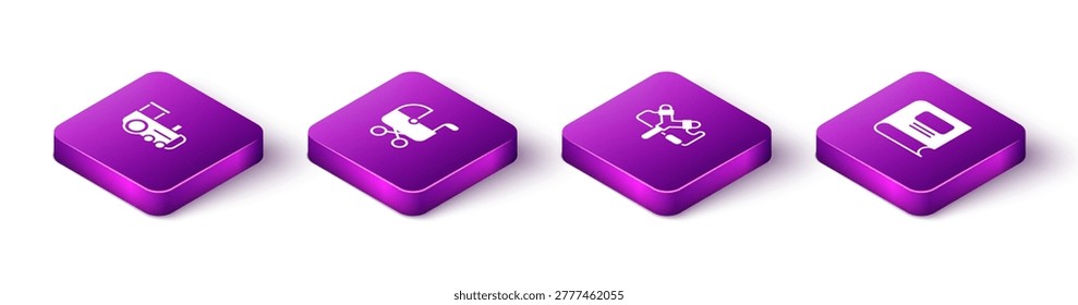 Set Isometric Toy train, Baby stroller, Slingshot and Book icon. Vector