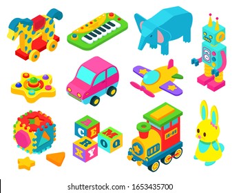 Set of isometric toys isolated on white, children playroom icon collection, vector illustration. Isometric kid toys, car, train, horse and robot. Cute gift for baby, educational puzzle game for child