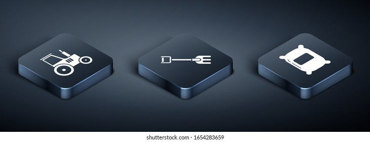 Set Isometric Tractor, Bag of flour and Garden rake icon. Vector