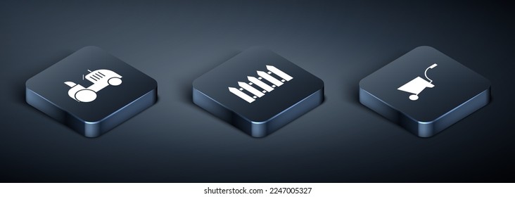 Set Isometric Tractor, Wheelbarrow and Garden fence wooden icon. Vector