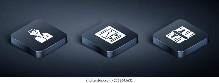 Set Isometric Trader, Stacks paper money cash and Website with growth graph icon. Vector