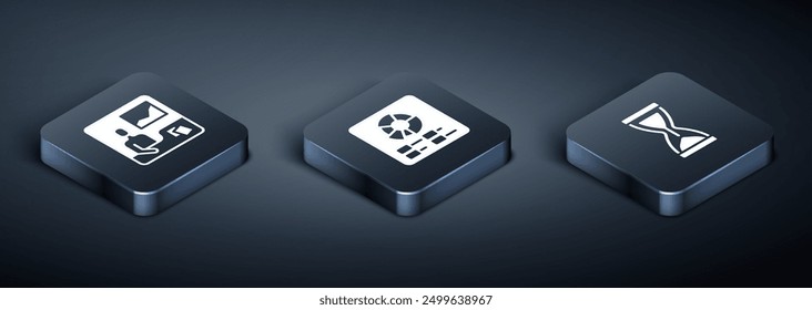 Set Isometric Trading courses, Old hourglass and Pie chart infographic icon. Vector