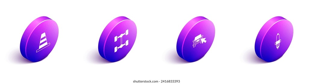 Set Isometric Traffic cone, Chassis car, Online sharing and Car spark plug icon. Vector