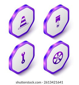 Set Isometric Traffic cone, Engine piston, Wrench spanner and Alloy wheel for car icon. Purple hexagon button. Vector