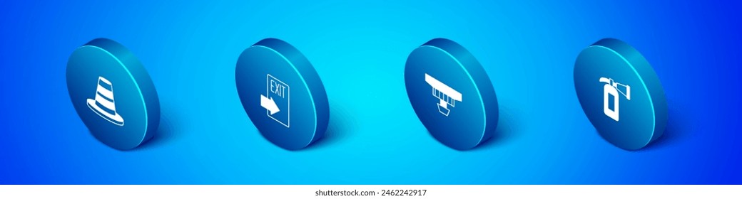 Set Isometric Traffic cone, Smoke alarm system, Fire extinguisher and exit icon. Vector